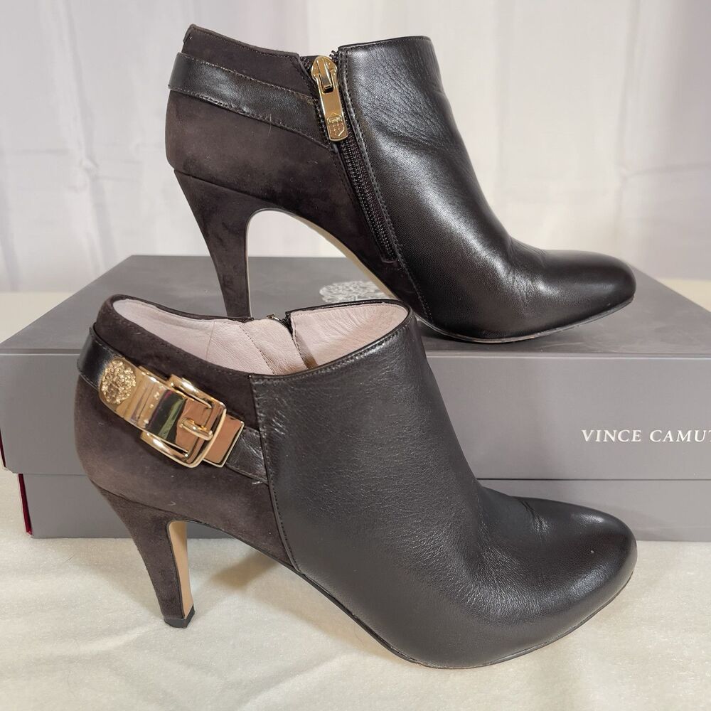 Vince Camuto Womens Velino 6.5 Brown Suede Leather Almond Toe Booties Heel Gold